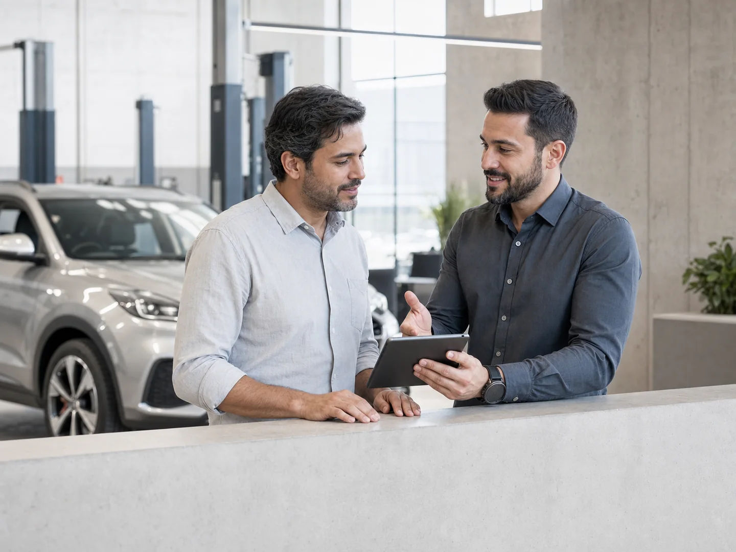 Consultor e gestor conversando sobre a operação em uma recepção automotiva