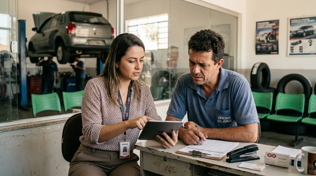 Consultora ELPID apresentando o sistema em tablet para dono de oficina